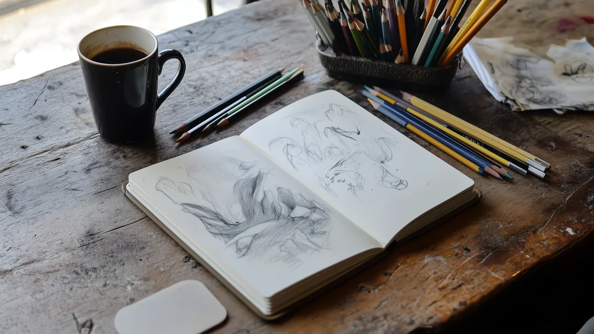 Carnet de dibujo abierto sobre una mesa con trazos al carbon de la aldea, a la luz de una ventana.