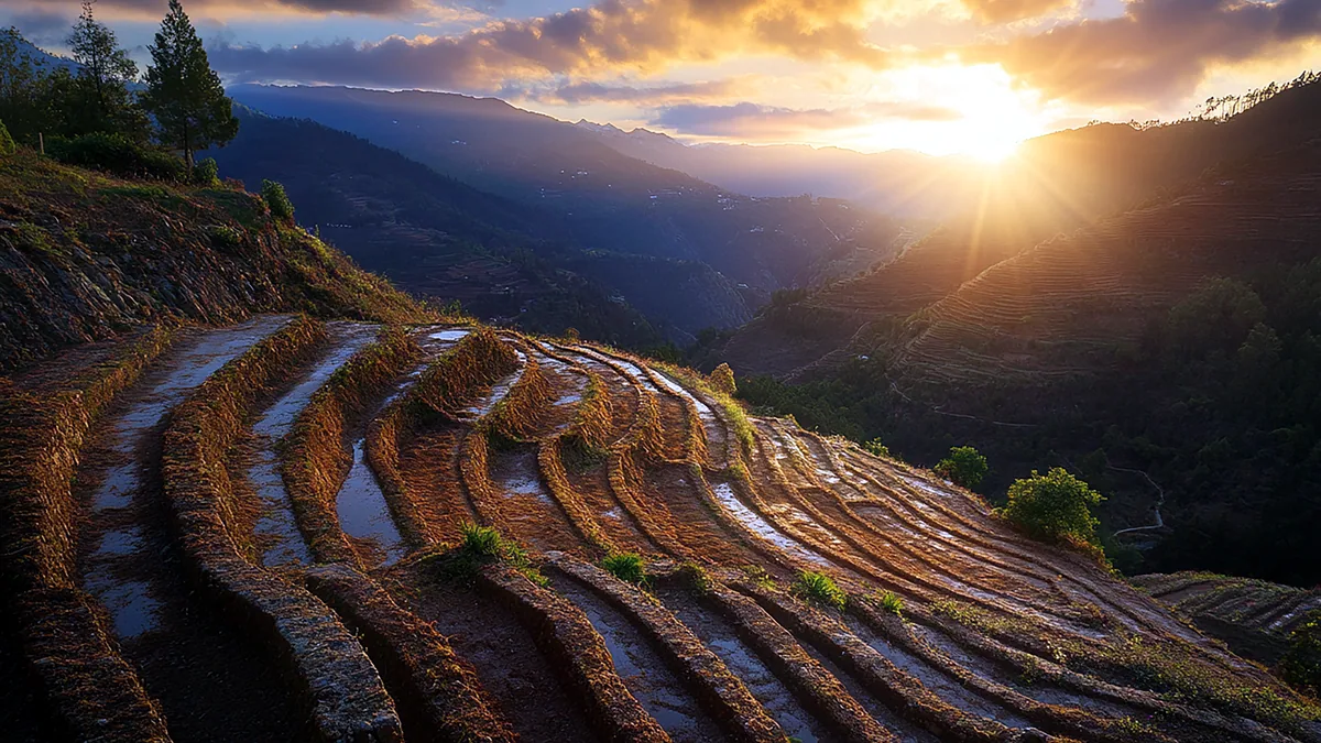 Andenes de cultivo en la ladera andina al amanecer, con la niebla baja entre las terrazas de piedra.