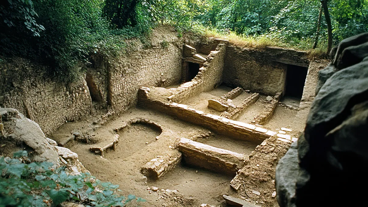 Muros de un yacimiento arqueologico de piedra en excavacion, con herramientas junto a una trinchera al aire libre.