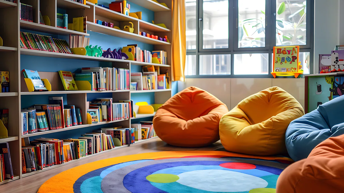 Rincón de lectura de una aula con estanterias llenas de libros y una mesa baja junto a la ventana.
