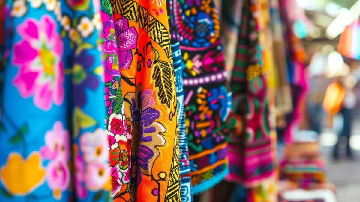 Telares de colores vivos en un mercado mexicano, con telas dobladas en estantes bajo la luz de la tienda.